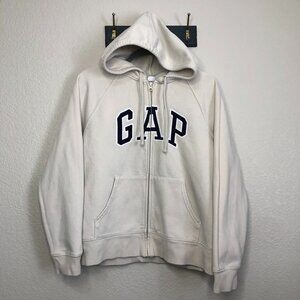 GAP Cream Spellout Full Zip Pocket Hoodie Jacket Women's M Preppy Casual Sporty
